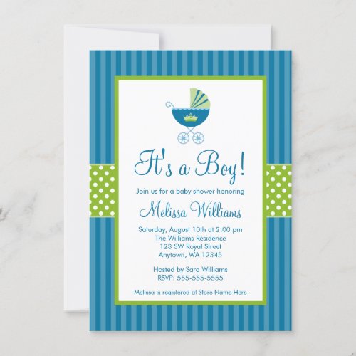 Prince Carriage Blue Green Stripes Baby Shower Invitation