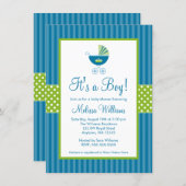 Prince Carriage Blue Green Stripes Baby Shower Invitation (Front/Back)