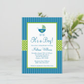 Prince Carriage Blue Green Stripes Baby Shower Invitation (Standing Front)