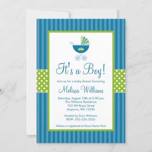 Prince Carriage Blue Green Stripes Baby Shower Invitation