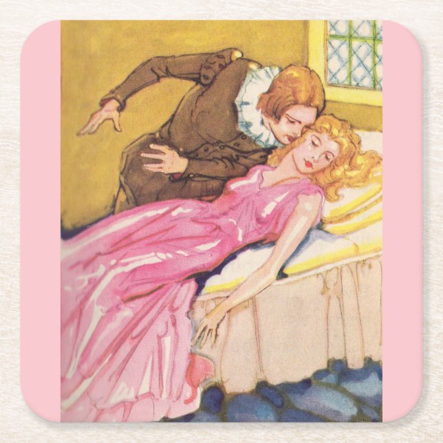 Prince Charming kissing Sleeping Beauty Square Paper Coaster (Front)