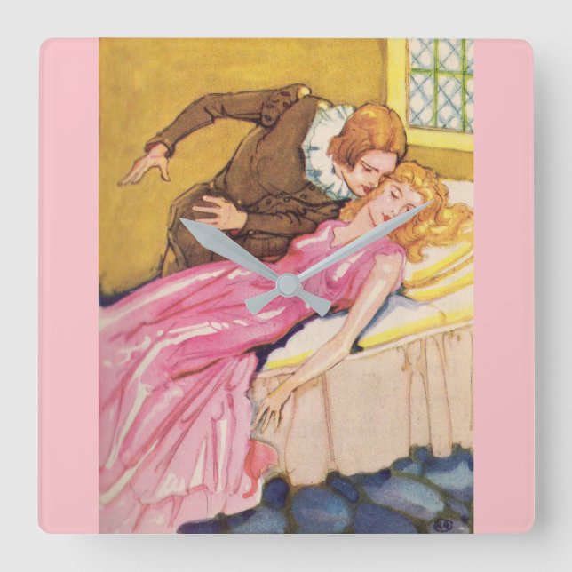 Prince Charming kissing Sleeping Beauty Square Wall Clock (Front)