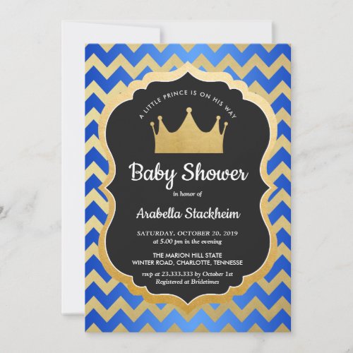 Prince Crown  Baby Shower Gold Blue Chevron Invitation