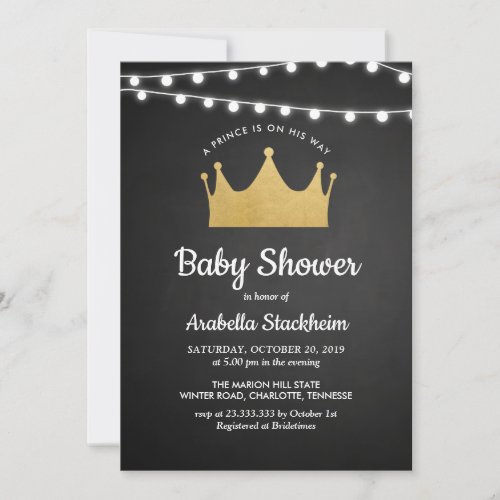Prince Crown  Baby Shower Gold Foil  Chalkboard Invitation