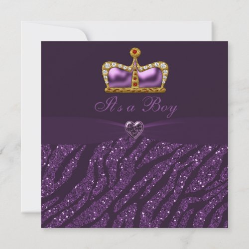 Prince Crown Heart  Zebra Glitter Baby Shower Invitation