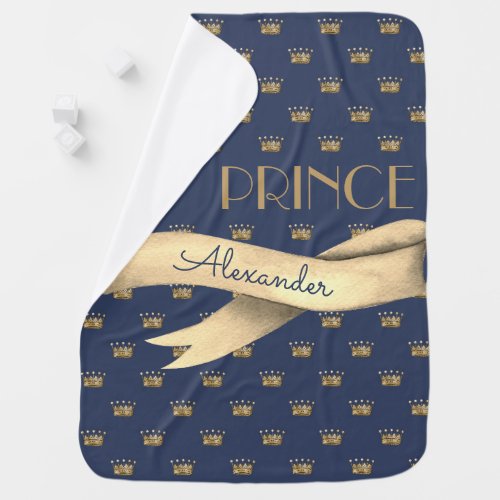 Prince Crown Pattern Blue Navy Personalized Baby Blanket