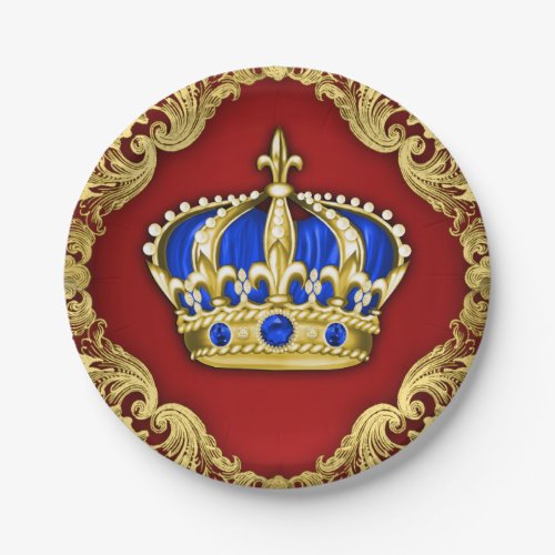 Prince Crown Red Blue Prince Baby Shower Paper Plates