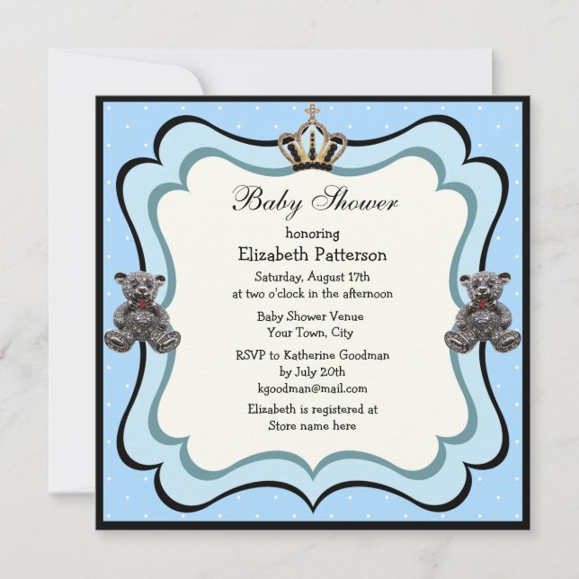 Prince Crown & Teddy Bear Jewels Boy Baby Shower Invitation (Front)