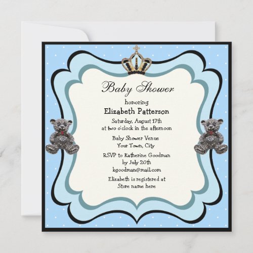 Prince Crown  Teddy Bear Jewels Boy Baby Shower Invitation