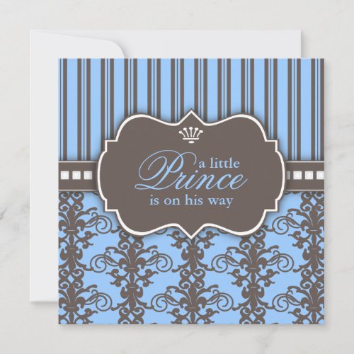 Prince Damask &amp; Stripe Black &amp; Blue Baby Shower Personalized Announcement