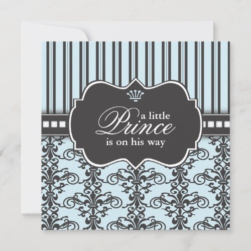 Prince Damask &amp; Stripe Black &amp; Blue Baby Shower Personalized Invitation