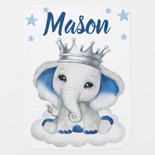 Prince Elephant Baby Blankets Star Navy Name