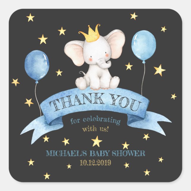 Prince Elephant Baby Shower Chalkboard Square Sticker (Front)
