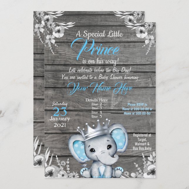 Prince Elephant Baby Shower Invitation Silver Blue (Front/Back)