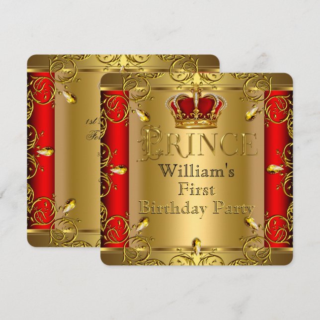 Prince First 1st Birthday Boy Red Gold Crown Invitation (Front/Back)