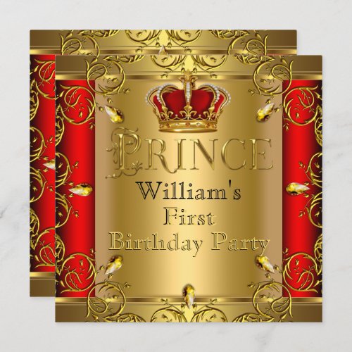 Prince First 1st Birthday Boy Red Gold Crown Invitation