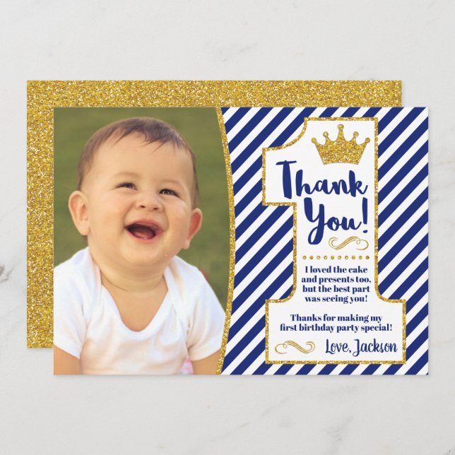 Prince First Birthday Thank You Card | Royal Blue (Front/Back)