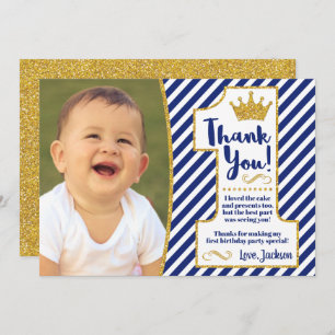 Prince First Birthday Thank You Card   Royal Blue