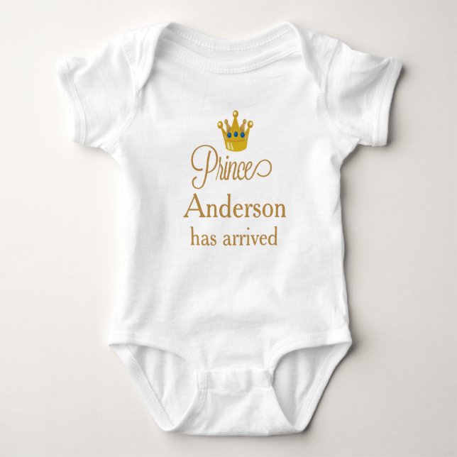 Prince (First or Last Name) has arrived Baby Bodysuit (Front)