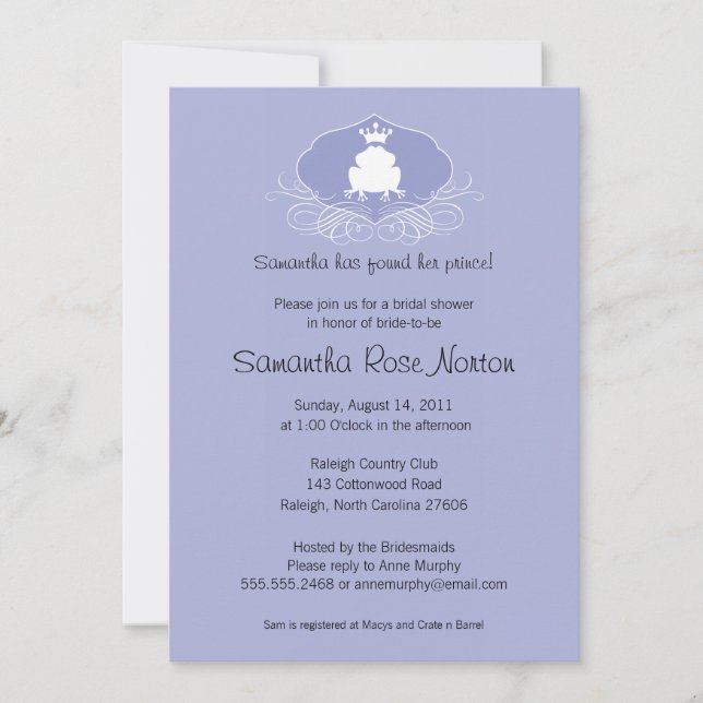 Prince Frog Themed Bridal Shower Invitation (Front)