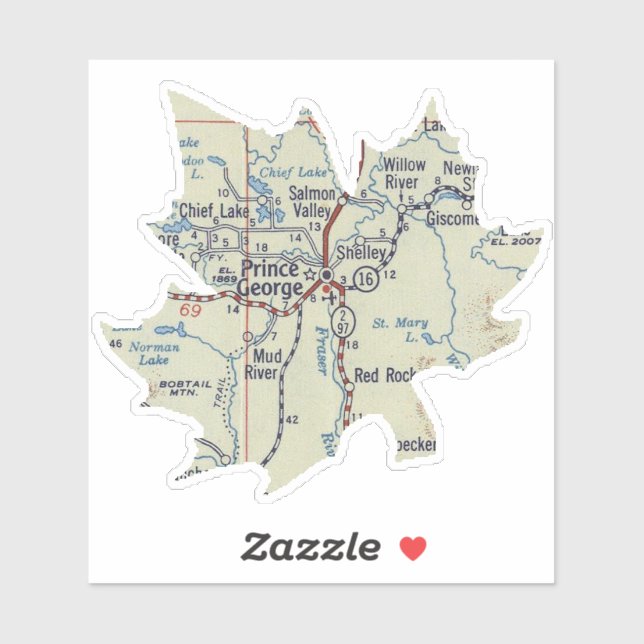 Prince George BC Map Sticker (Sheet)