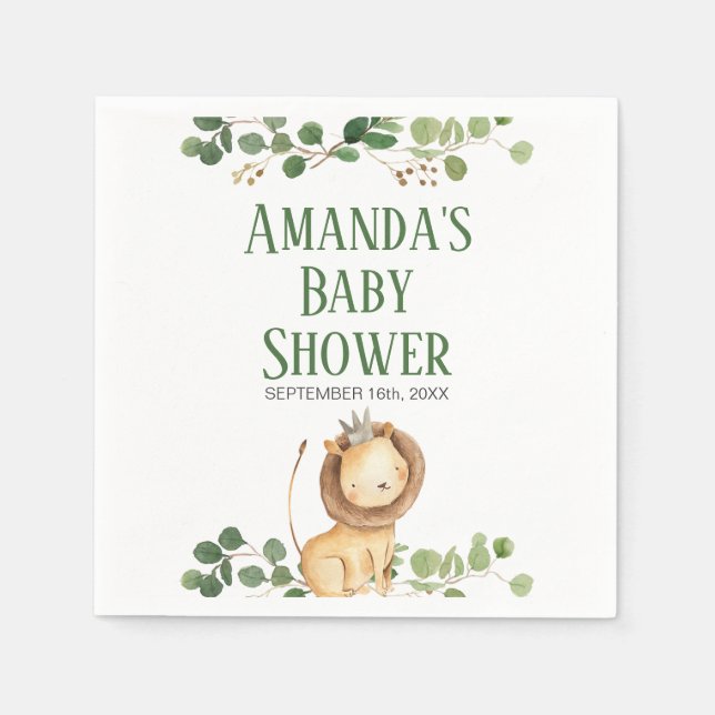 Prince Greenery Lion Baby Shower Napkins (Front)
