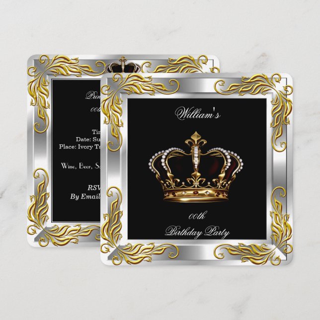 Prince King Men's Black Silver Birthday Party Invitation (Front/Back)