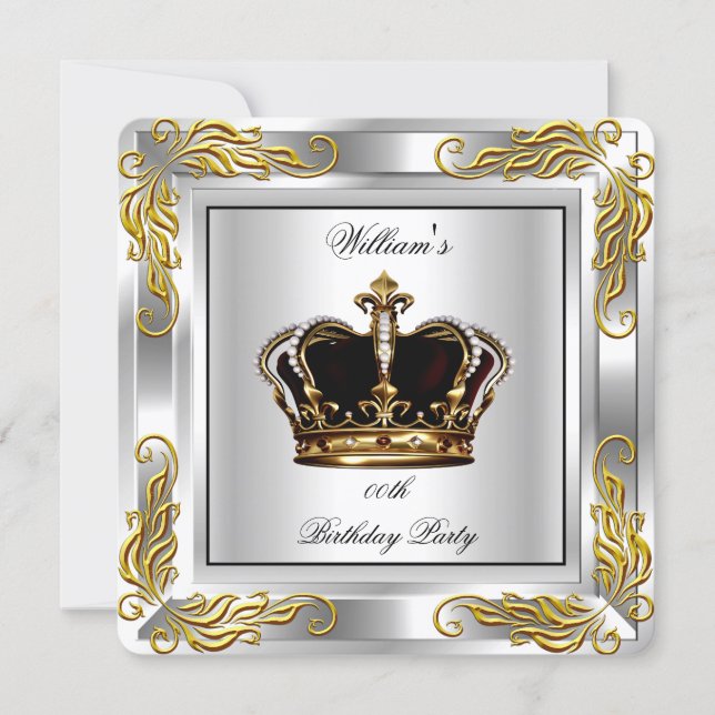 Prince King Men's Crown Silver Birthday Party Invitation (Front)