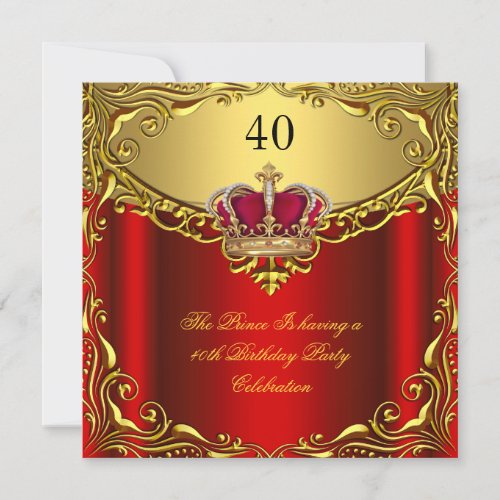 Prince King Red Gold Crown Birthday Party Invitation