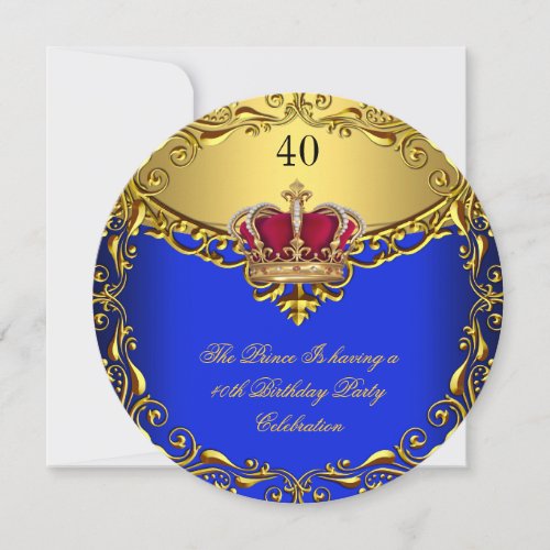 Prince King Red Gold Royal Blue Crown Birthday 2R Invitation