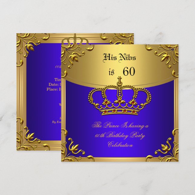 Prince King Red Gold Royal Blue Crown Birthday 60 Invitation (Front/Back)