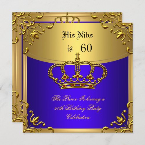 Prince King Red Gold Royal Blue Crown Birthday 60 Invitation