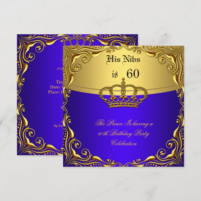 Prince King Red Gold Royal Blue Crown Birthday 60 Invitation (Front/Back)