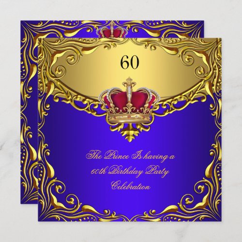 Prince King Red Gold Royal Blue Crown Birthday 60 Invitation