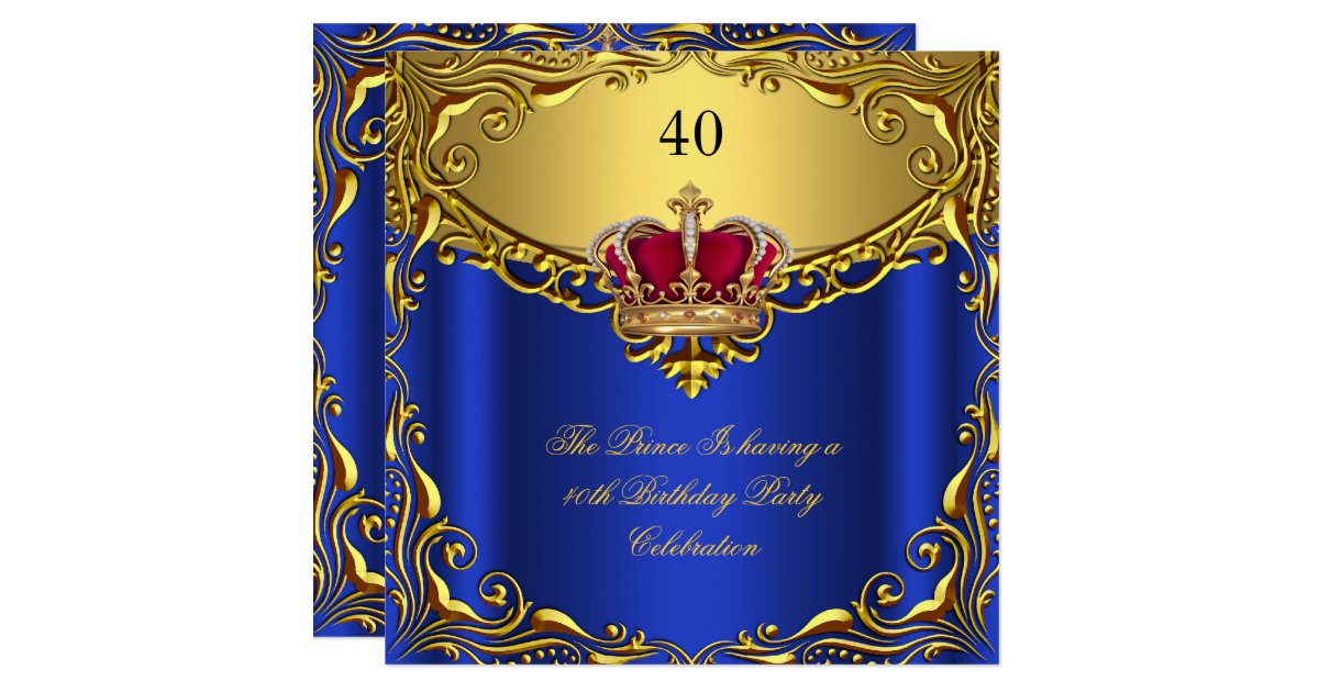 Prince King Red Gold Royal Blue Crown Birthday Invitation