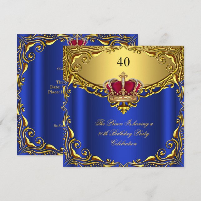 Prince King Red Gold Royal Blue Crown Birthday Invitation (Front/Back)