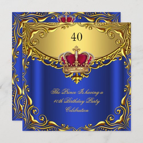 Prince King Red Gold Royal Blue Crown Birthday Invitation