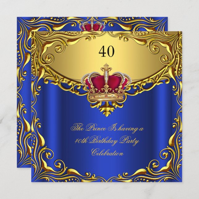Prince King Red Gold Royal Blue Crown Birthday Invitation (Front/Back)
