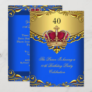 Prince King Red Gold Royal Blue Crown Birthday Invitation
