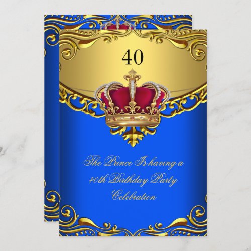 Prince King Red Gold Royal Blue Crown Birthday Invitation