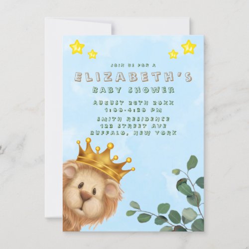 Prince Lion Golden Crown Boy Baby Shower Invitation
