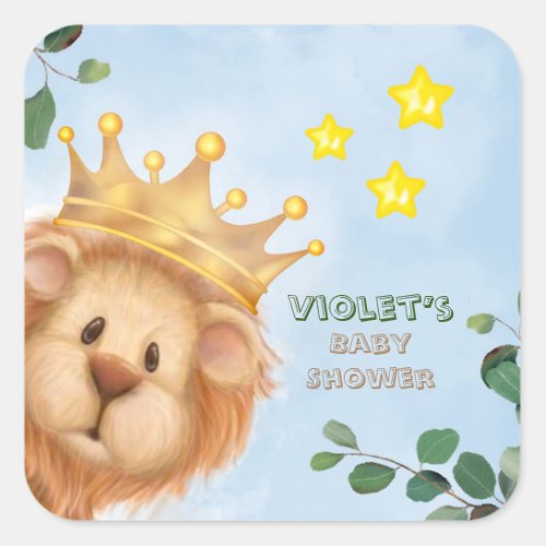 Prince Lion Golden Crown Eucalyptus Baby Shower Square Sticker