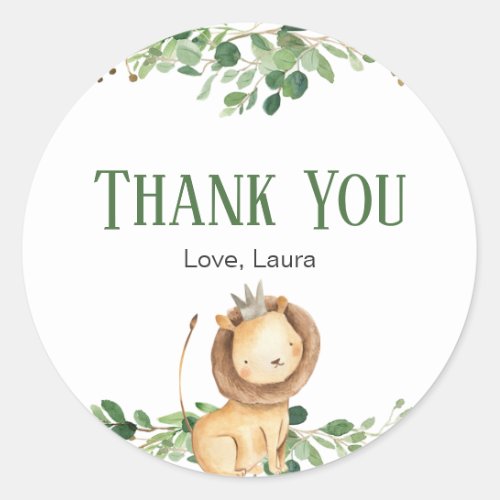 Prince Lion Greenery Floral Baby Shower Classic Round Sticker
