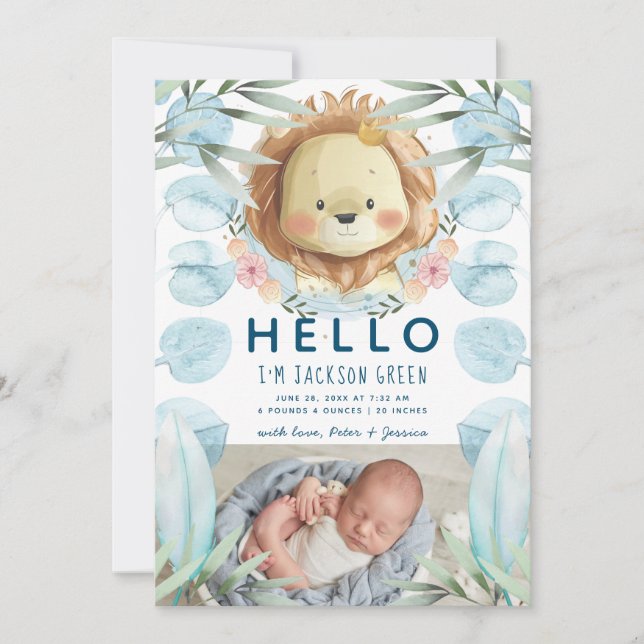 Prince Lion Illustration Photo Collage Birth Announcement (Front)