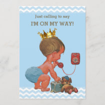 Prince on Phone Baby Shower Chevrons Blue Invitation