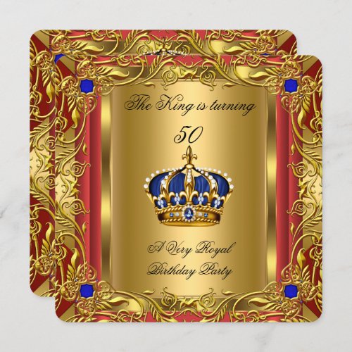 Prince or King Red Gold Royal Blue Crown Birthday Invitation