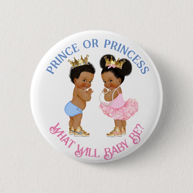 Prince or Princess Gender Reveal Pink Blue Gold Button (Front)