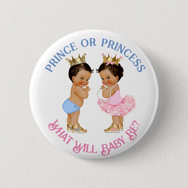 Prince or Princess Gender Reveal Pink Blue Gold Button (Front)