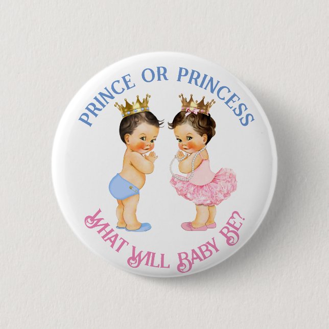 Prince or Princess Gender Reveal Pink Blue Gold Button (Front)