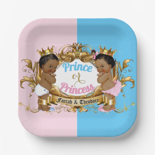 Prince Or Princess Pink & Blue Royal Gender Reveal Paper Plates (Front)